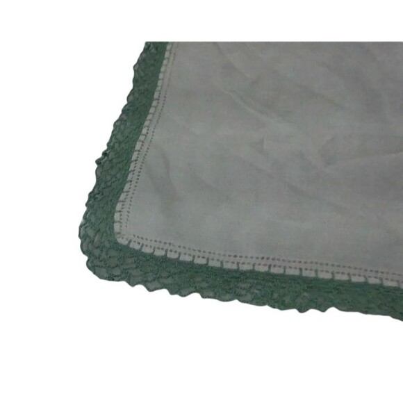 Vintage Linen Handkerchief Hanky Green Crochet Border Pocket Scarf 12" Square - Picture 4 of 4